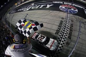 Ryan Blaney takes the checkered in the Food City 300 at Bristol Motor Speedway. Photo by Brian Lawdermilk/NASCAR via Getty Images